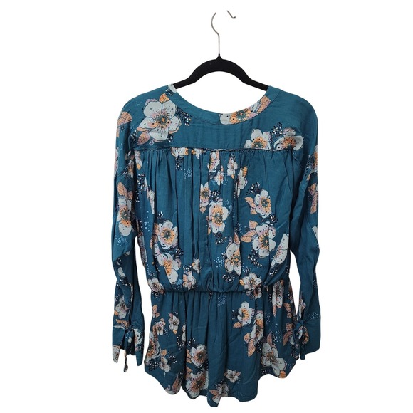 Free People Tuscan Dreams Teal Floral V Neck Tunic Long Sleeve Dress, Size S - Picture 4 of 11